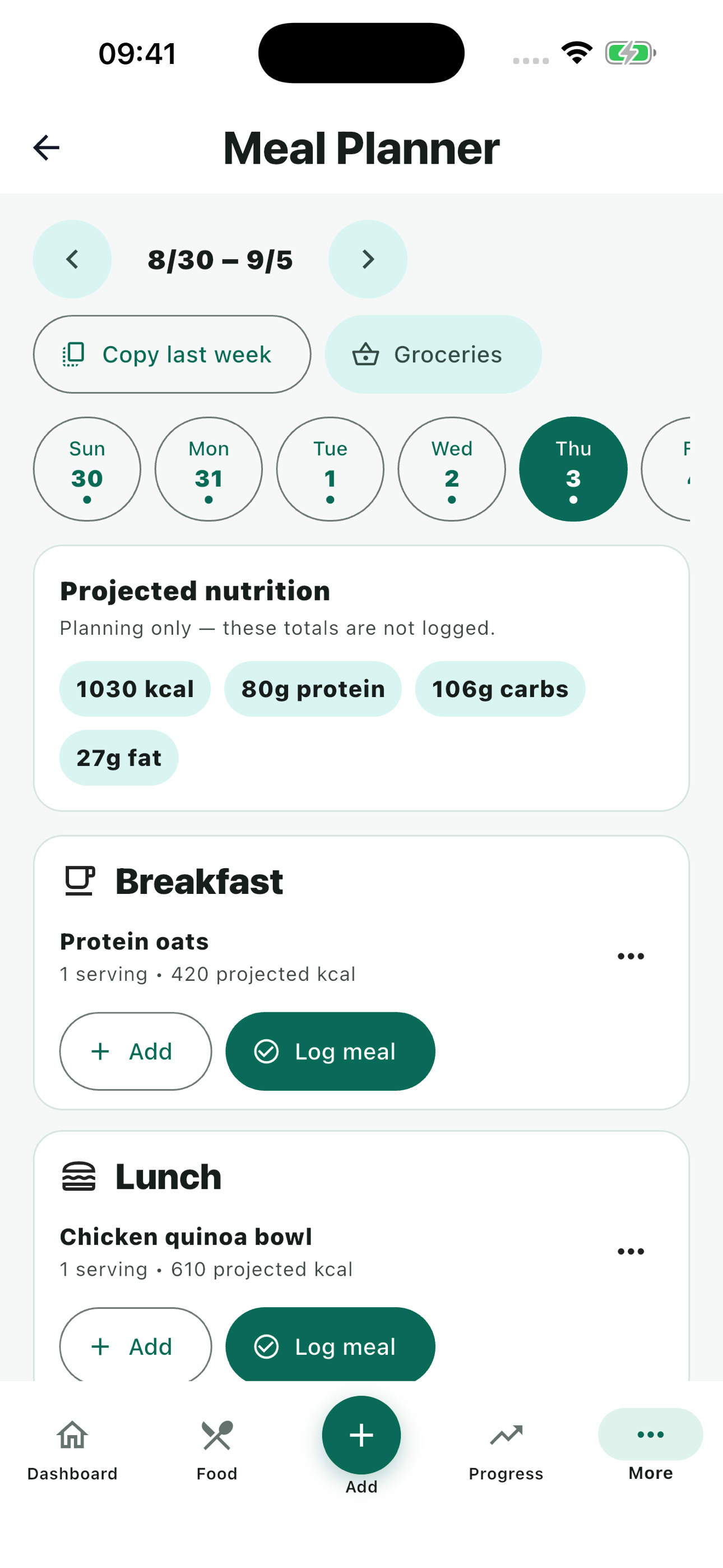 MyFitLife Meal Planner showing weekday controls, projected nutrition, and Add and Log meal buttons