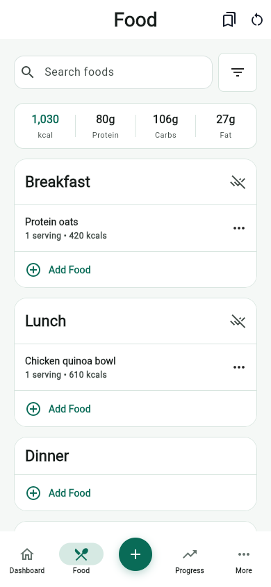 MyFitLife food screen with logged meal groups and nutrition totals