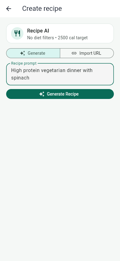 MyFitLife recipe AI screen with prompt and import controls