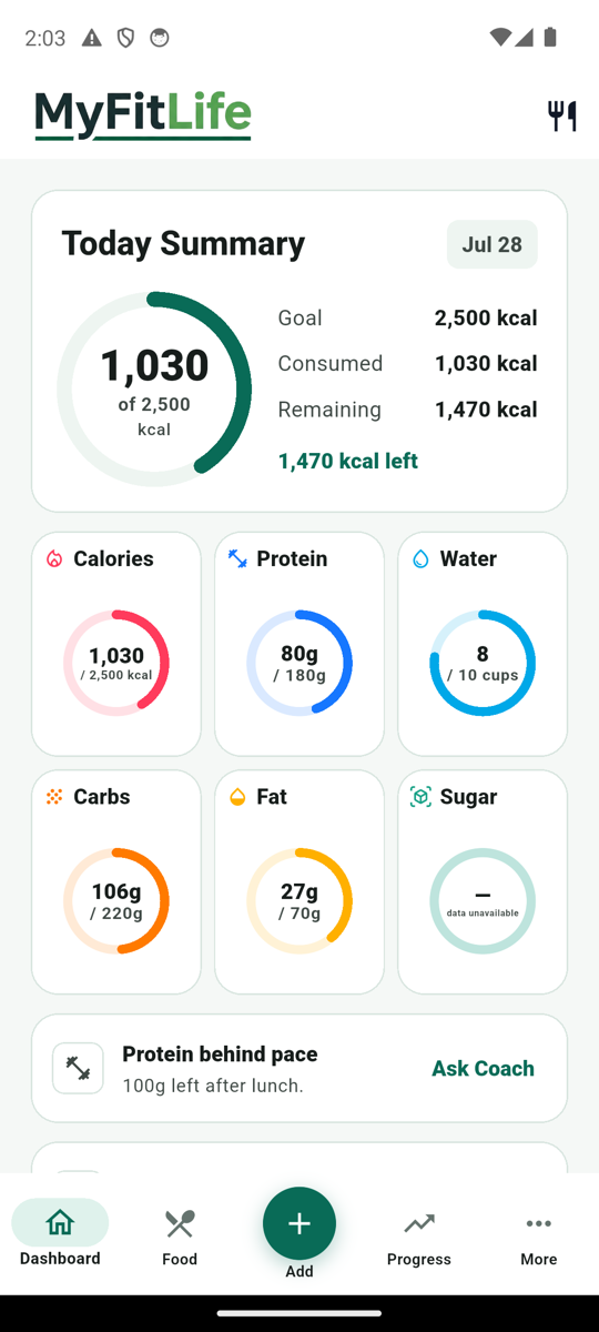 MyFitLife dashboard with quick food logging, hydration, and recent foods