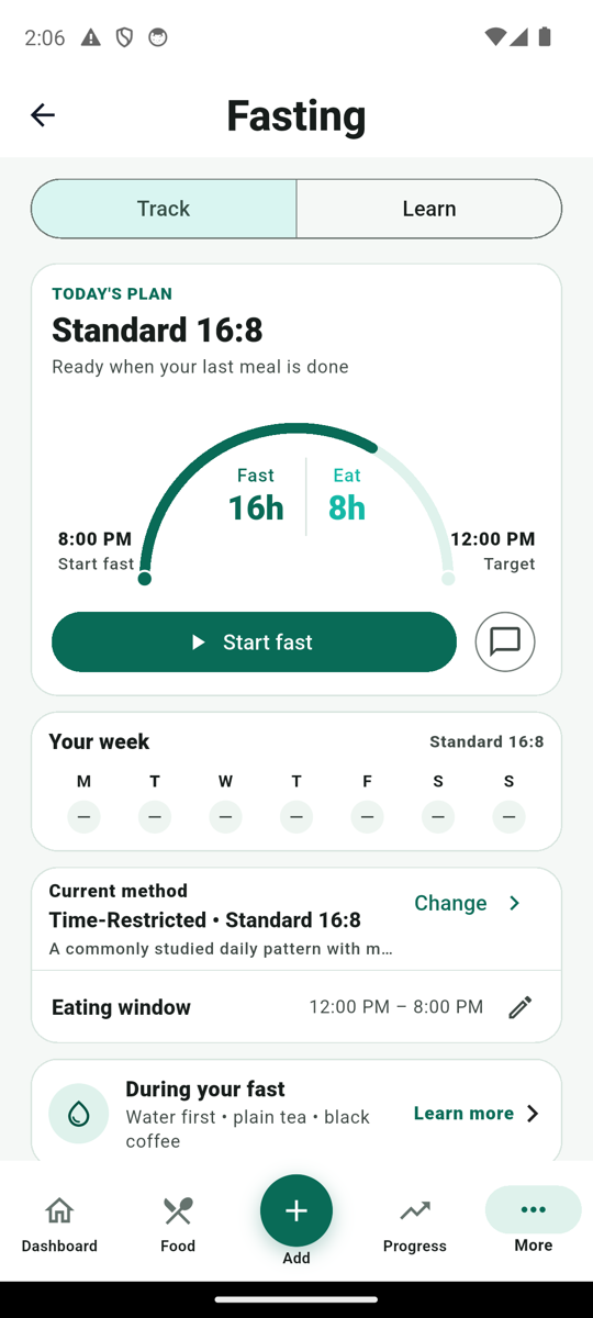 MyFitLife Fasting screen with a Standard 16:8 plan, Start fast button, and eating-window settings