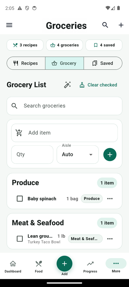 MyFitLife Grocery tab with Auto entry, Organize by aisle, Produce, and Meat and Seafood groups
